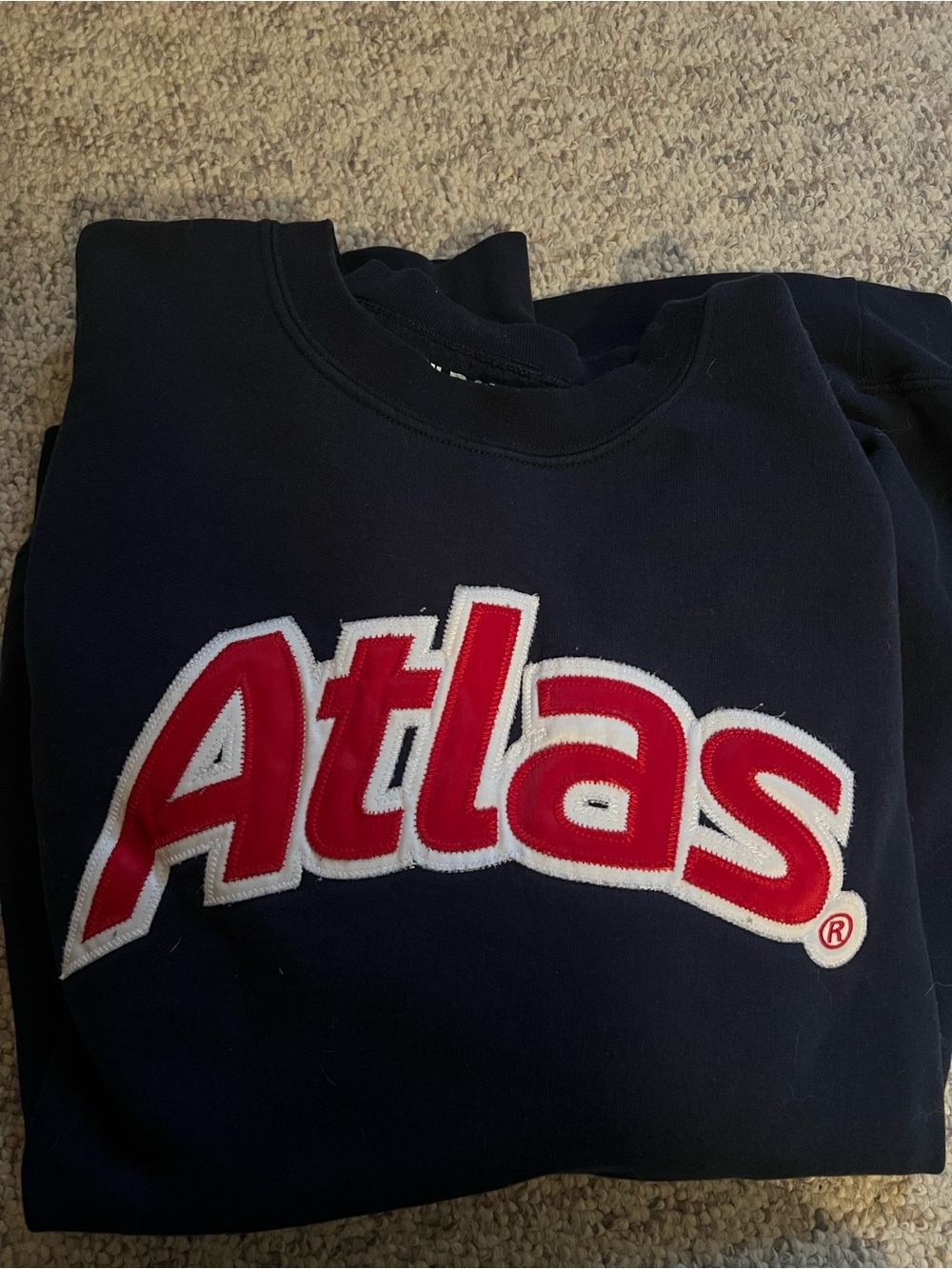 Atlas Men’s Crewneck Sweater in Navy with Red Logo